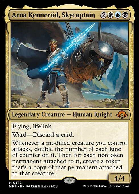 Flying, lifelink
Ward—Discard a card.
Whenever a modified creature you control attacks, double the number of each kind of counter on it. Then for each nontoken permanent attached to it, create a token that's a copy of that permanent attached to that creature.