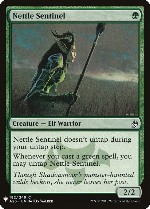 Nettle Sentinel doesn't untap during your untap step.
Whenever you cast a green spell, you may untap Nettle Sentinel.
