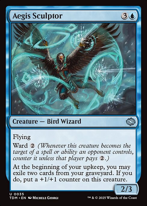 Flying
Ward {2} (Whenever this creature becomes the target of a spell or ability an opponent controls, counter it unless that player pays {2}.)
At the beginning of your upkeep, you may exile two cards from your graveyard. If you do, put a +1/+1 counter on this creature.