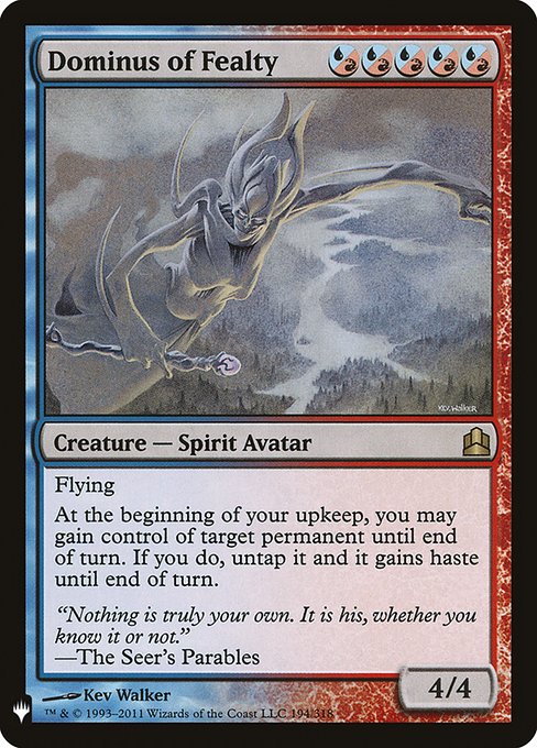 Flying
At the beginning of your upkeep, you may gain control of target permanent until end of turn. If you do, untap it and it gains haste until end of turn.