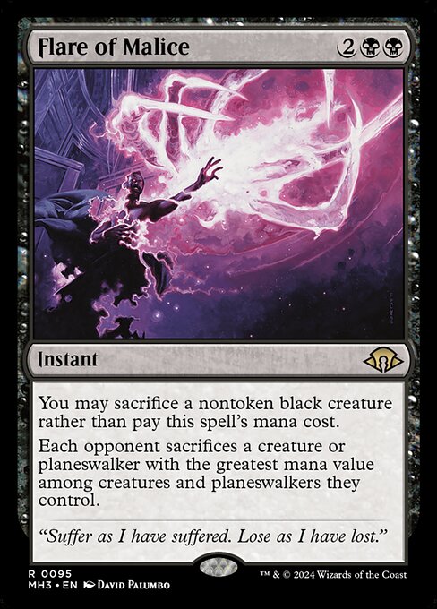 You may sacrifice a nontoken black creature rather than pay this spell's mana cost.
Each opponent sacrifices a creature or planeswalker with the greatest mana value among creatures and planeswalkers they control.
