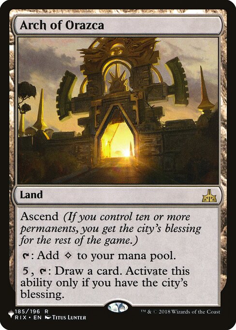 Ascend (If you control ten or more permanents, you get the city's blessing for the rest of the game.)
{T}: Add {C}.
{5}, {T}: Draw a card. Activate only if you have the city's blessing.