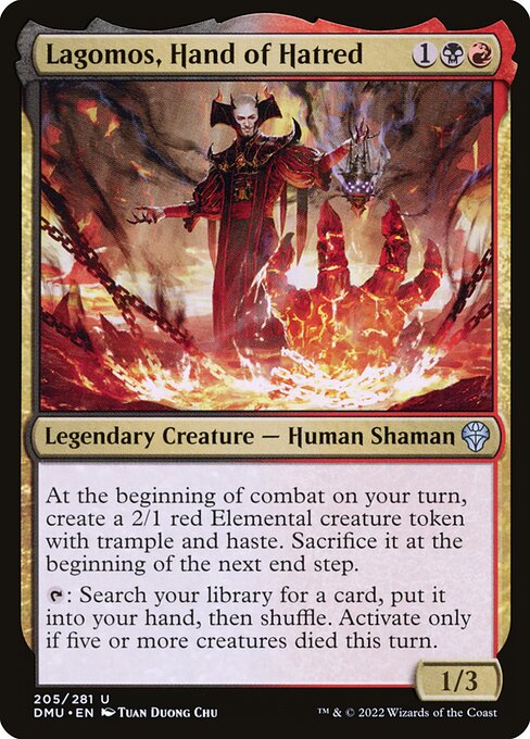 At the beginning of combat on your turn, create a 2/1 red Elemental creature token with trample and haste. Sacrifice it at the beginning of the next end step.
{T}: Search your library for a card, put it into your hand, then shuffle. Activate only if five or more creatures died this turn.