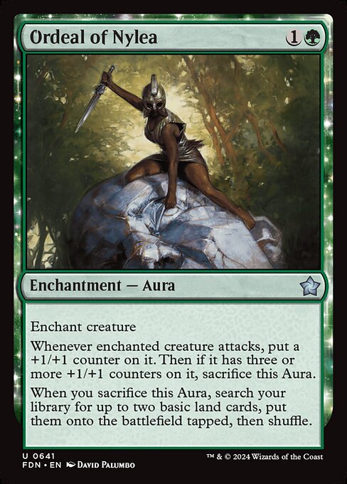 Enchant creature
Whenever enchanted creature attacks, put a +1/+1 counter on it. Then if it has three or more +1/+1 counters on it, sacrifice this Aura.
When you sacrifice this Aura, search your library for up to two basic land cards, put them onto the battlefield tapped, then shuffle.