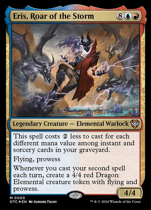 This spell costs {2} less to cast for each different mana value among instant and sorcery cards in your graveyard.
Flying, prowess
Whenever you cast your second spell each turn, create a 4/4 red Dragon Elemental creature token with flying and prowess.