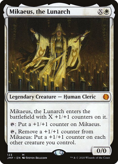 Mikaeus, the Lunarch enters the battlefield with X +1/+1 counters on it.
{T}: Put a +1/+1 counter on Mikaeus.
{T}, Remove a +1/+1 counter from Mikaeus: Put a +1/+1 counter on each other creature you control.