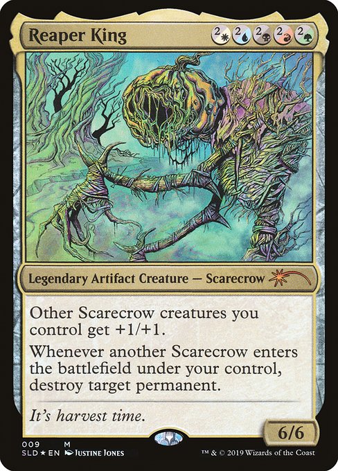 ({2/W} can be paid with any two mana or with {W}. This card's mana value is 10.)
Other Scarecrow creatures you control get +1/+1.
Whenever another Scarecrow enters the battlefield under your control, destroy target permanent.