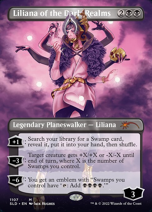 +1: Search your library for a Swamp card, reveal it, put it into your hand, then shuffle.
−3: Target creature gets +X/+X or -X/-X until end of turn, where X is the number of Swamps you control.
−6: You get an emblem with "Swamps you control have '{T}: Add {B}{B}{B}{B}.'"