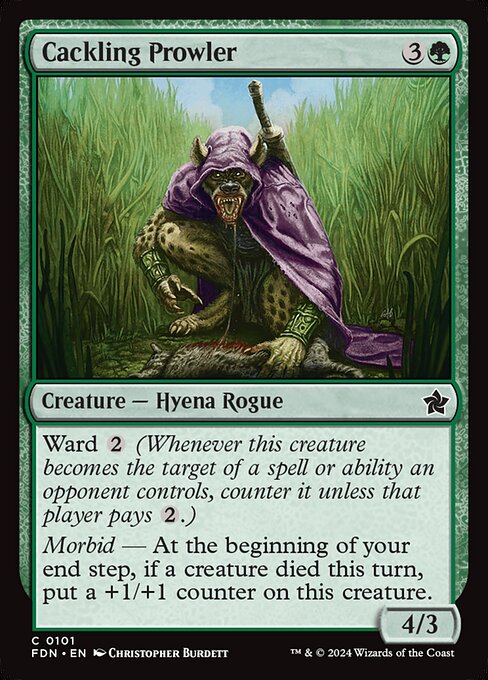 Ward {2} (Whenever this creature becomes the target of a spell or ability an opponent controls, counter it unless that player pays {2}.)
Morbid — At the beginning of your end step, if a creature died this turn, put a +1/+1 counter on this creature.