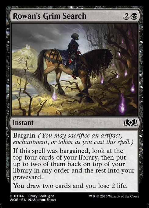 Bargain (You may sacrifice an artifact, enchantment, or token as you cast this spell.)
If this spell was bargained, look at the top four cards of your library, then put up to two of them back on top of your library in any order and the rest into your graveyard.
You draw two cards and you lose 2 life.