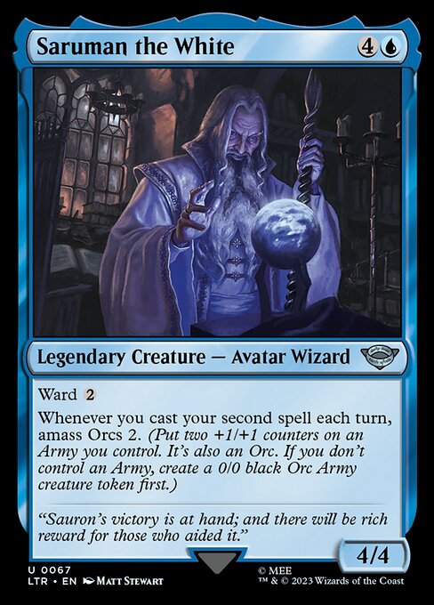 Ward {2}
Whenever you cast your second spell each turn, amass Orcs 2. (Put two +1/+1 counters on an Army you control. It's also an Orc. If you don't control an Army, create a 0/0 black Orc Army creature token first.)
