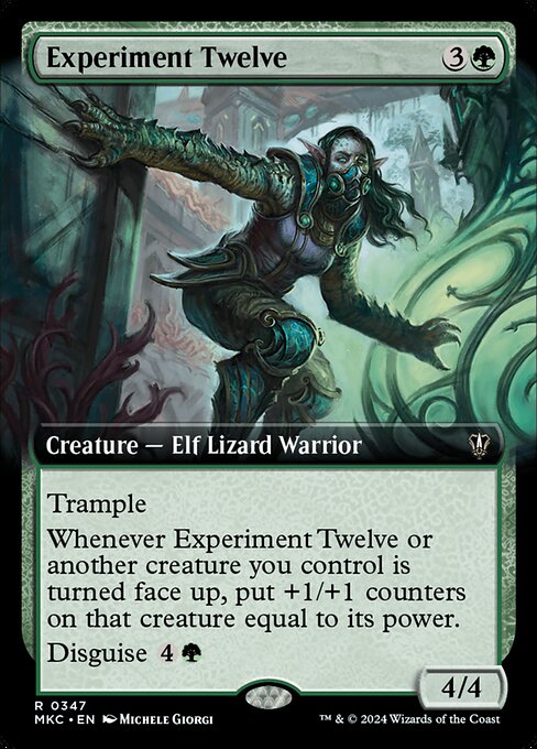 Trample
Whenever Experiment Twelve or another creature you control is turned face up, put +1/+1 counters on that creature equal to its power.
Disguise {4}{G} (You may cast this card face down for {3} as a 2/2 creature with ward {2}. Turn it face up any time for its disguise cost.)