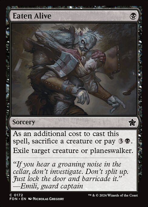 As an additional cost to cast this spell, sacrifice a creature or pay {3}{B}.
Exile target creature or planeswalker.