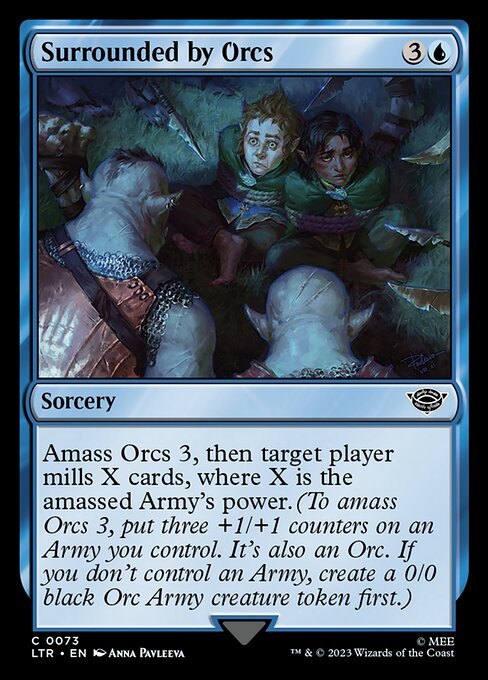Amass Orcs 3, then target player mills X cards, where X is the amassed Army's power. (To amass Orcs 3, put three +1/+1 counters on an Army you control. It's also an Orc. If you don't control an Army, create a 0/0 black Orc Army creature token first.)