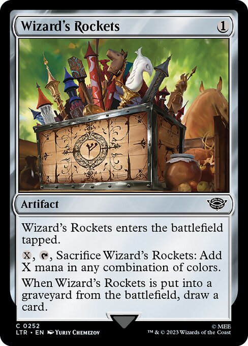 Wizard's Rockets enters the battlefield tapped.
{X}, {T}, Sacrifice Wizard's Rockets: Add X mana in any combination of colors.
When Wizard's Rockets is put into a graveyard from the battlefield, draw a card.