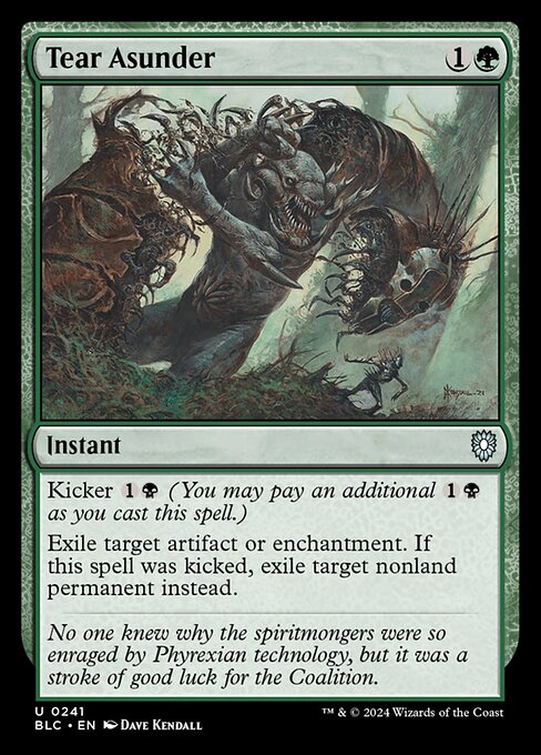 Kicker {1}{B} (You may pay an additional {1}{B} as you cast this spell.)
Exile target artifact or enchantment. If this spell was kicked, exile target nonland permanent instead.