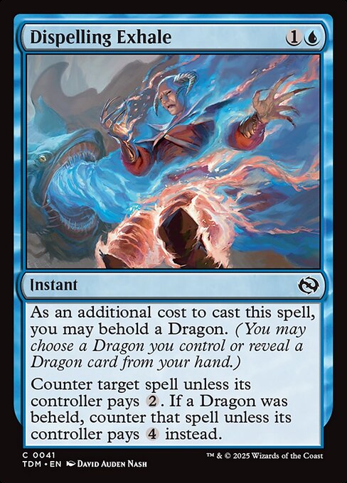 As an additional cost to cast this spell, you may behold a Dragon. (You may choose a Dragon you control or reveal a Dragon card from your hand.)
Counter target spell unless its controller pays {2}. If a Dragon was beheld, counter that spell unless its controller pays {4} instead.