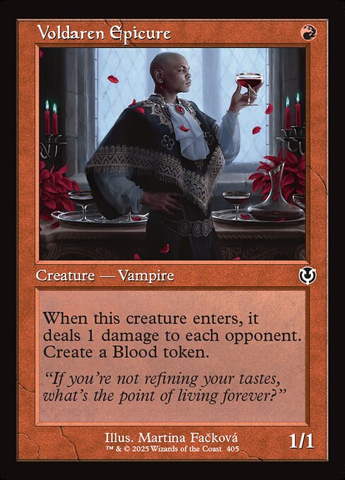 When Voldaren Epicure enters, it deals 1 damage to each opponent. Create a Blood token. (It's an artifact with "{1}, {T}, Discard a card, Sacrifice this artifact: Draw a card.")