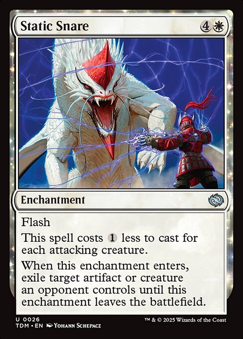 Flash
This spell costs {1} less to cast for each attacking creature.
When this enchantment enters, exile target artifact or creature an opponent controls until this enchantment leaves the battlefield.
