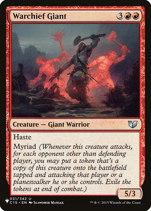 Haste
Myriad (Whenever this creature attacks, for each opponent other than defending player, you may create a token that's a copy of this creature that's tapped and attacking that player or a planeswalker they control. Exile the tokens at end of combat.)