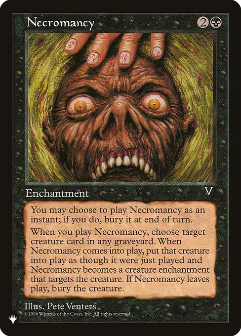 You may cast Necromancy as though it had flash. If you cast it any time a sorcery couldn't have been cast, the controller of the permanent it becomes sacrifices it at the beginning of the next cleanup step.
When Necromancy enters, if it's on the battlefield, it becomes an Aura with "enchant creature put onto the battlefield with Necromancy." Put target creature card from a graveyard onto the battlefield under your control and attach Necromancy to it. When Necromancy leaves the battlefield, that
