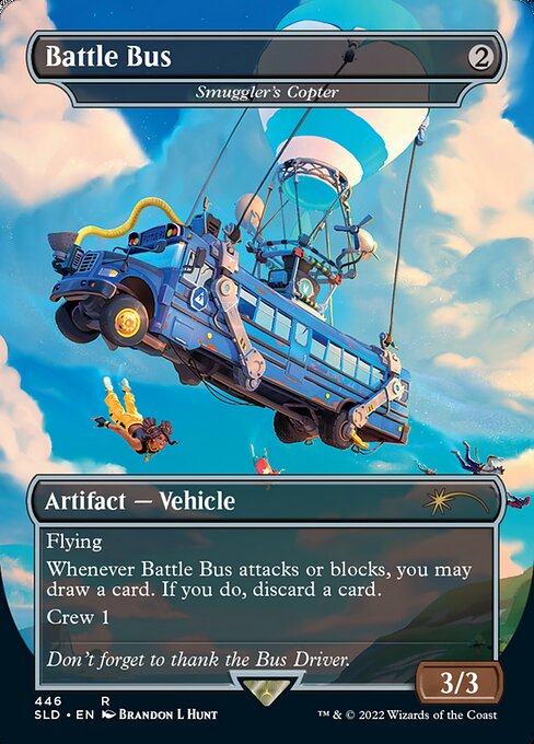 Flying
Whenever Smuggler's Copter attacks or blocks, you may draw a card. If you do, discard a card.
Crew 1 (Tap any number of creatures you control with total power 1 or more: This Vehicle becomes an artifact creature until end of turn.)