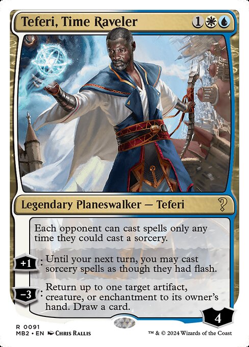 Each opponent can cast spells only any time they could cast a sorcery.
+1: Until your next turn, you may cast sorcery spells as though they had flash.
−3: Return up to one target artifact, creature, or enchantment to its owner's hand. Draw a card.