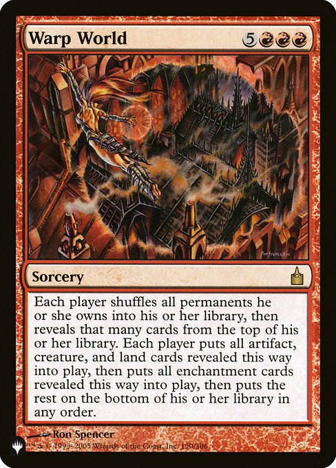 Each player shuffles all permanents they own into their library, then reveals that many cards from the top of their library. Each player puts all artifact, creature, and land cards revealed this way onto the battlefield, then does the same for enchantment cards, then puts all cards revealed this way that weren't put onto the battlefield on the bottom of their library.