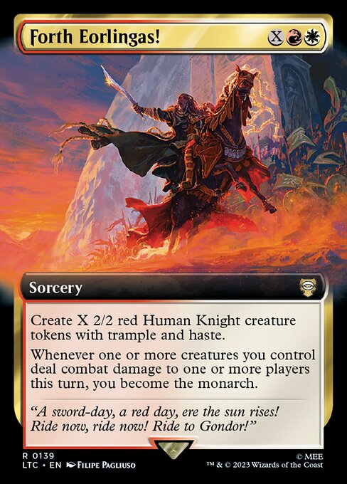 Create X 2/2 red Human Knight creature tokens with trample and haste.
Whenever one or more creatures you control deal combat damage to one or more players this turn, you become the monarch.