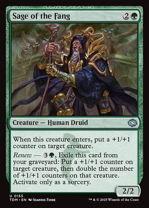 When this creature enters, put a +1/+1 counter on target creature.
Renew — {3}{G}, Exile this card from your graveyard: Put a +1/+1 counter on target creature, then double the number of +1/+1 counters on that creature. Activate only as a sorcery.