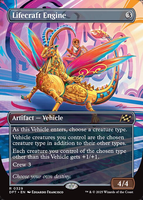 As this Vehicle enters, choose a creature type.
Vehicle creatures you control are the chosen creature type in addition to their other types.
Each creature you control of the chosen type other than this Vehicle gets +1/+1.
Crew 3