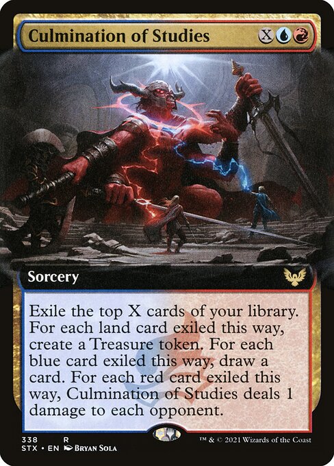 Exile the top X cards of your library. For each land card exiled this way, create a Treasure token. For each blue card exiled this way, draw a card. For each red card exiled this way, Culmination of Studies deals 1 damage to each opponent.