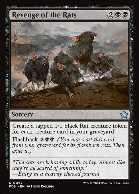 Create a tapped 1/1 black Rat creature token for each creature card in your graveyard.
Flashback {2}{B}{B} (You may cast this card from your graveyard for its flashback cost. Then exile it.)