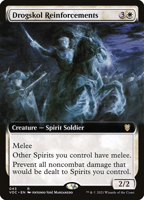 Melee (Whenever this creature attacks, it gets +1/+1 until end of turn for each opponent you attacked this combat.)
Other Spirits you control have melee.
Prevent all noncombat damage that would be dealt to Spirits you control.