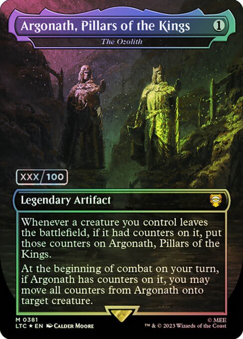 Whenever a creature you control leaves the battlefield, if it had counters on it, put those counters on The Ozolith.
At the beginning of combat on your turn, if The Ozolith has counters on it, you may move all counters from The Ozolith onto target creature.