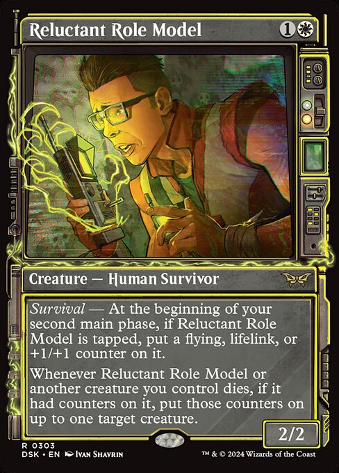 Survival — At the beginning of your second main phase, if Reluctant Role Model is tapped, put a flying, lifelink, or +1/+1 counter on it.
Whenever Reluctant Role Model or another creature you control dies, if it had counters on it, put those counters on up to one target creature.
