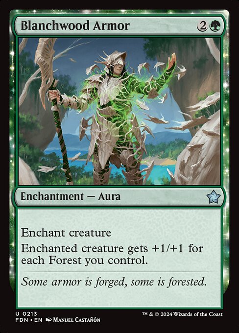 Enchant creature
Enchanted creature gets +1/+1 for each Forest you control.