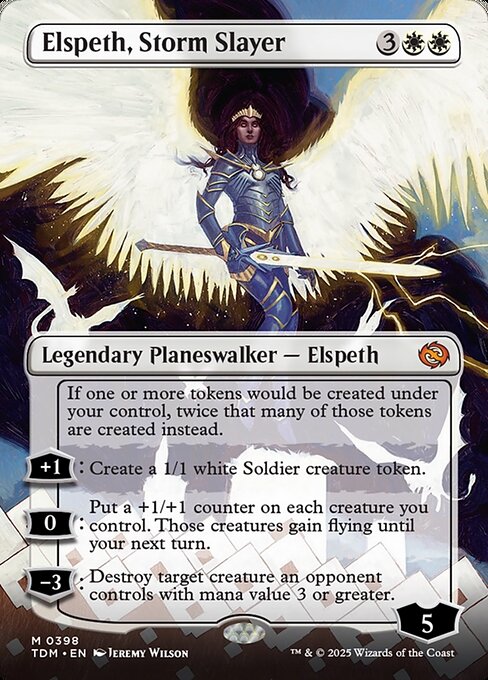If one or more tokens would be created under your control, twice that many of those tokens are created instead.
+1: Create a 1/1 white Soldier creature token.
0: Put a +1/+1 counter on each creature you control. Those creatures gain flying until your next turn.
−3: Destroy target creature an opponent controls with mana value 3 or greater.