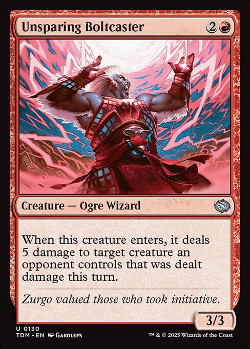 When this creature enters, it deals 5 damage to target creature an opponent controls that was dealt damage this turn.