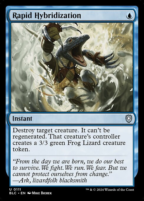 Destroy target creature. It can't be regenerated. That creature's controller creates a 3/3 green Frog Lizard creature token.