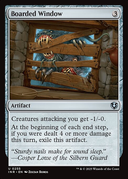 Creatures attacking you get -1/-0.
At the beginning of each end step, if you were dealt 4 or more damage this turn, exile this artifact.