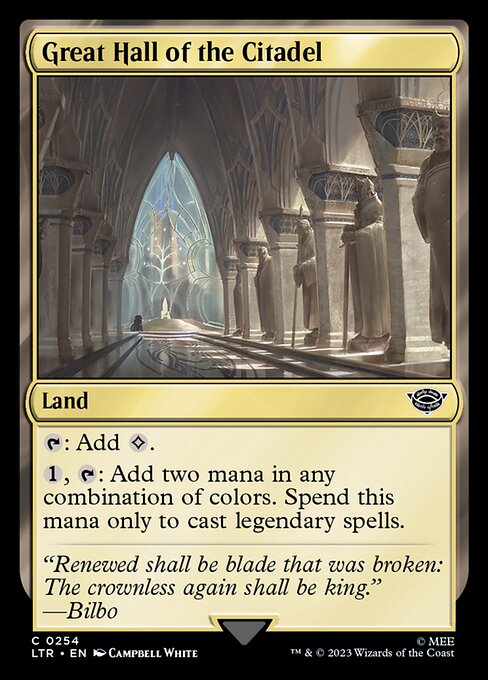 {T}: Add {C}.
{1}, {T}: Add two mana in any combination of colors. Spend this mana only to cast legendary spells.