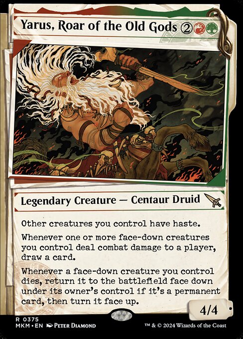 Other creatures you control have haste.
Whenever one or more face-down creatures you control deal combat damage to a player, draw a card.
Whenever a face-down creature you control dies, return it to the battlefield face down under its owner's control if it's a permanent card, then turn it face up.