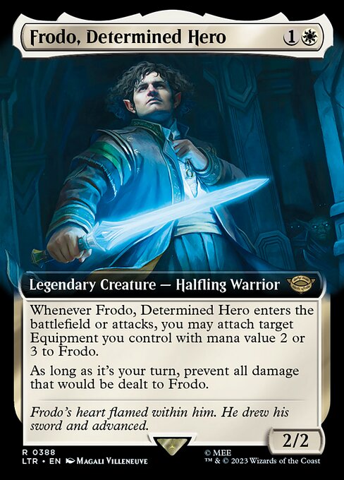 Whenever Frodo, Determined Hero enters the battlefield or attacks, you may attach target Equipment you control with mana value 2 or 3 to Frodo.
As long as it's your turn, prevent all damage that would be dealt to Frodo.