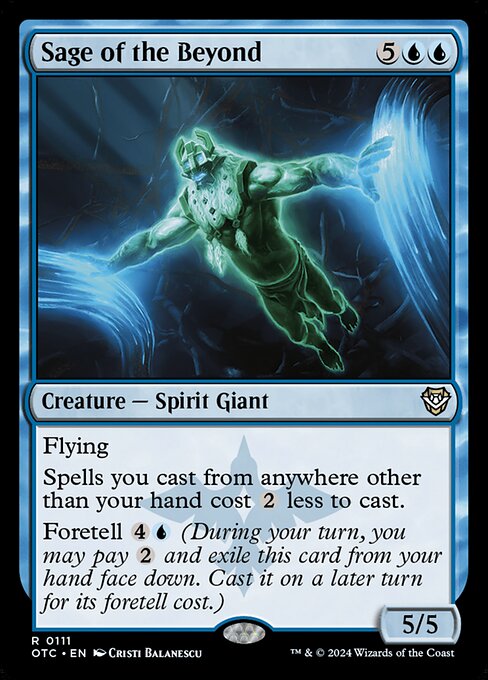 Flying
Spells you cast from anywhere other than your hand cost {2} less to cast.
Foretell {4}{U} (During your turn, you may pay {2} and exile this card from your hand face down. Cast it on a later turn for its foretell cost.)
