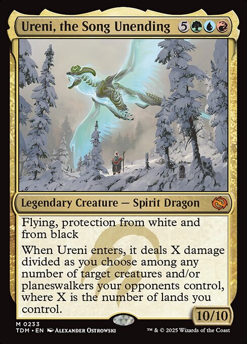 Flying, protection from white and from black
When Ureni enters, it deals X damage divided as you choose among any number of target creatures and/or planeswalkers your opponents control, where X is the number of lands you control.