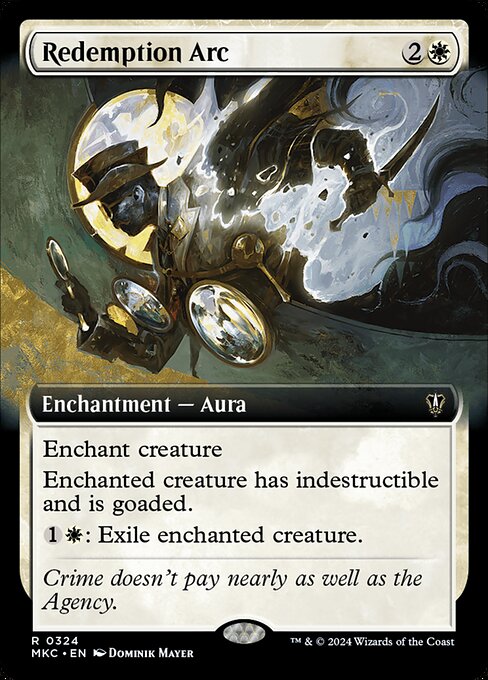 Enchant creature
Enchanted creature has indestructible and is goaded. (It attacks each combat if able and attacks a player other than you if able.)
{1}{W}: Exile enchanted creature.