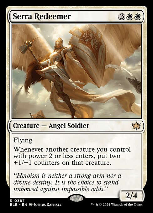 Flying
Whenever another creature with power 2 or less enters the battlefield under your control, put two +1/+1 counters on that creature.