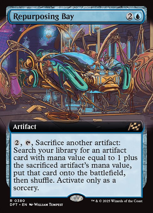 {2}, {T}, Sacrifice another artifact: Search your library for an artifact card with mana value equal to 1 plus the sacrificed artifact's mana value, put that card onto the battlefield, then shuffle. Activate only as a sorcery.