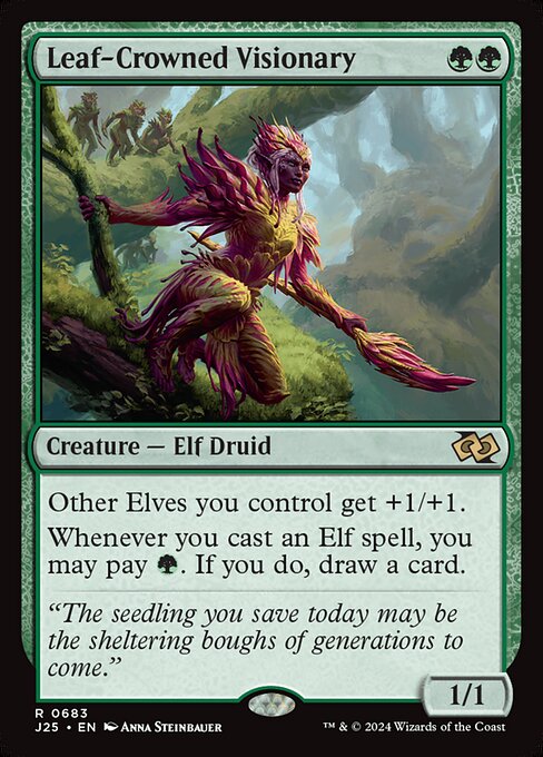 Other Elves you control get +1/+1.
Whenever you cast an Elf spell, you may pay {G}. If you do, draw a card.